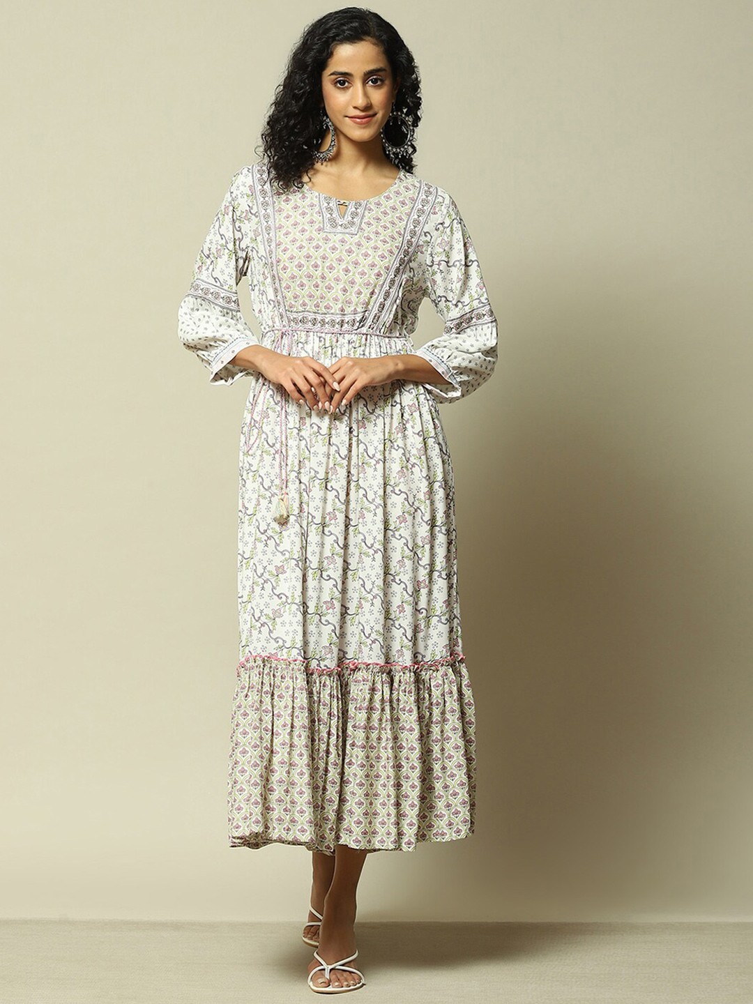 

Rangriti Ethnic Motifs Printed Keyhole Neck Fit and Flare Midi Dress, Beige
