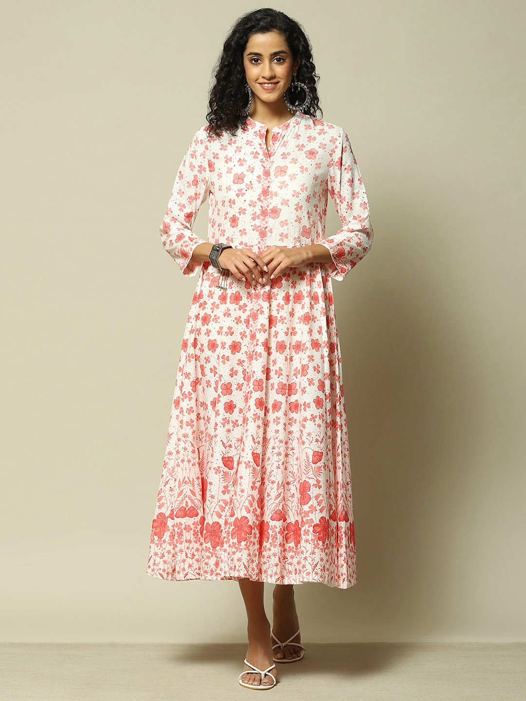 

Rangriti Floral Print A-Line Midi Dress, White