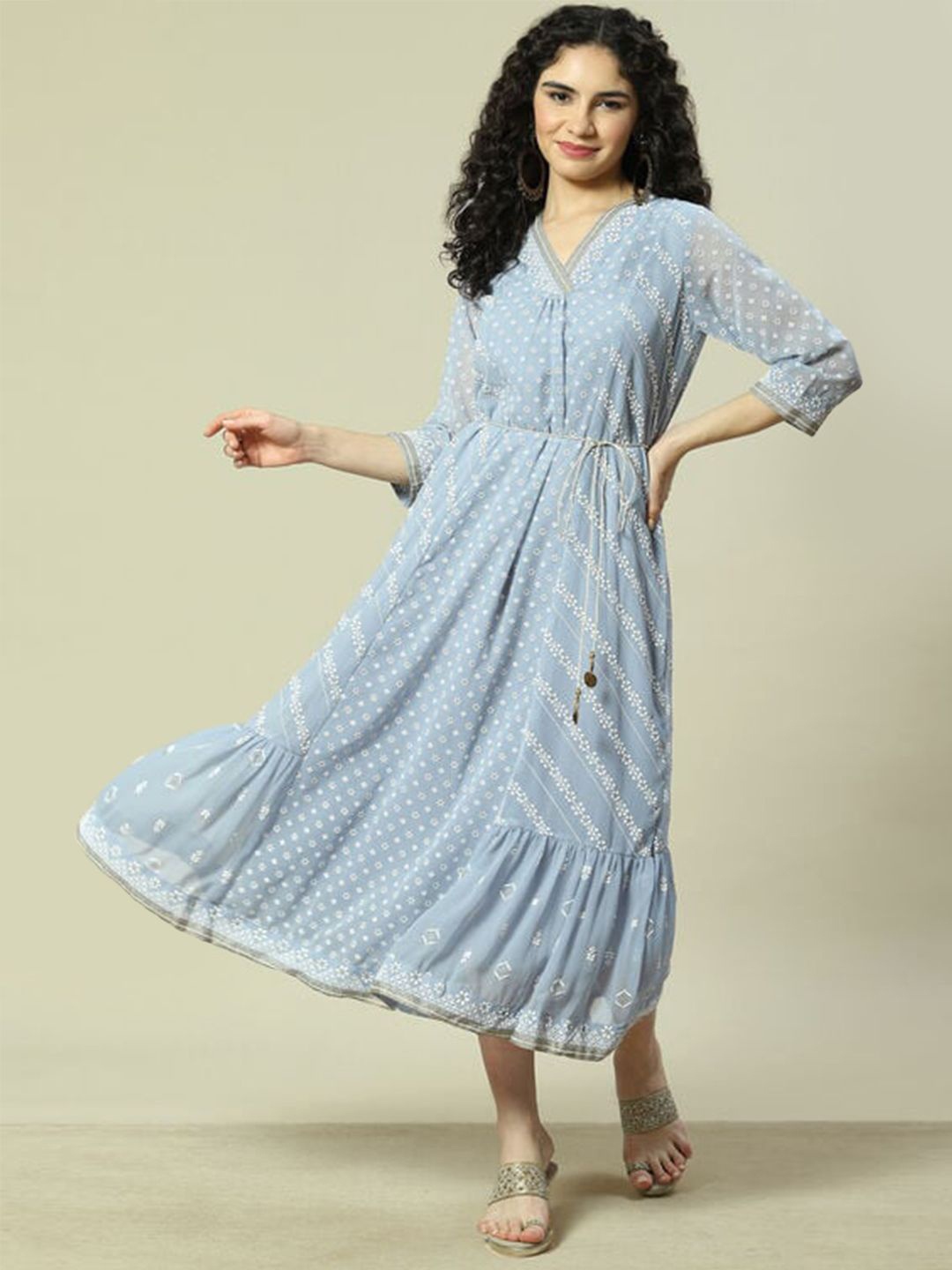 

Rangriti Ethnic Motifs Printed A-Line Midi Dress, Blue