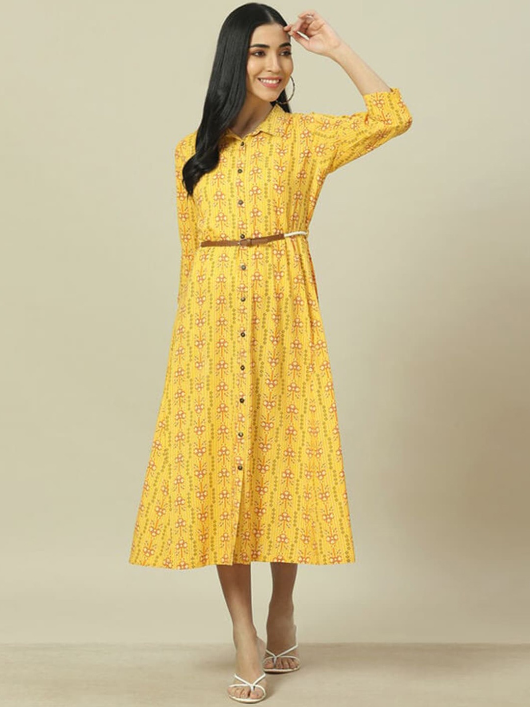 

Rangriti Print A-Line Midi Dress, Yellow