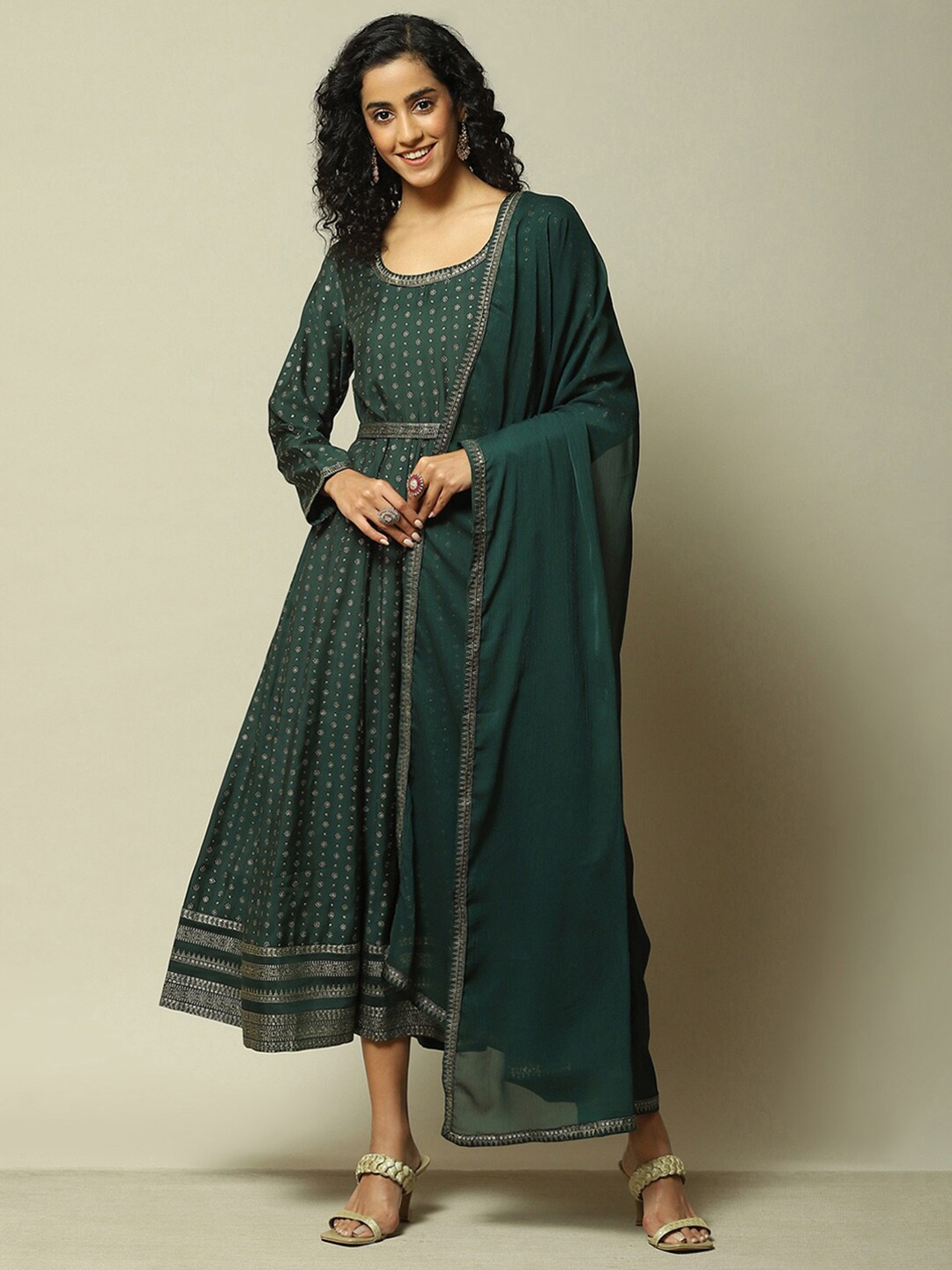 

Rangriti Round Neck Long Sleeves Ethnic Motifs Print Maxi Dress, Green
