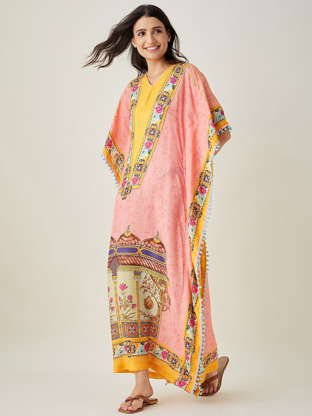 

The Kaftan Company Printed Maxi Kaftan Nightdress, Peach