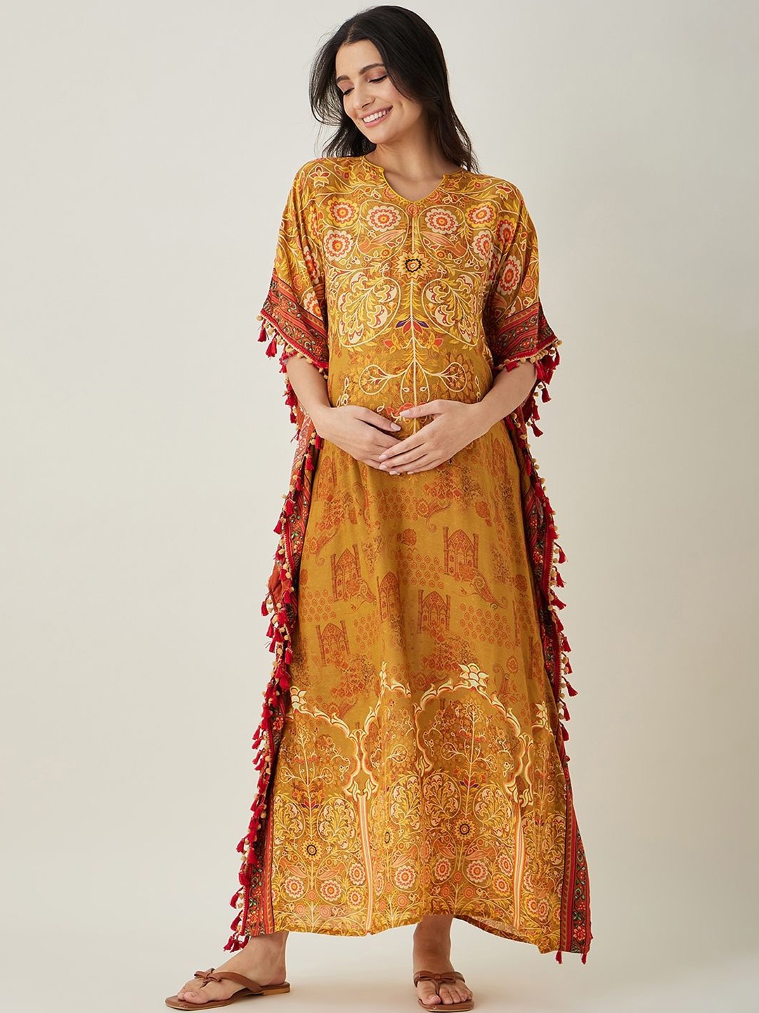 

The Kaftan Company Printed Maxi Maternity Kaftan Nightdress, Mustard