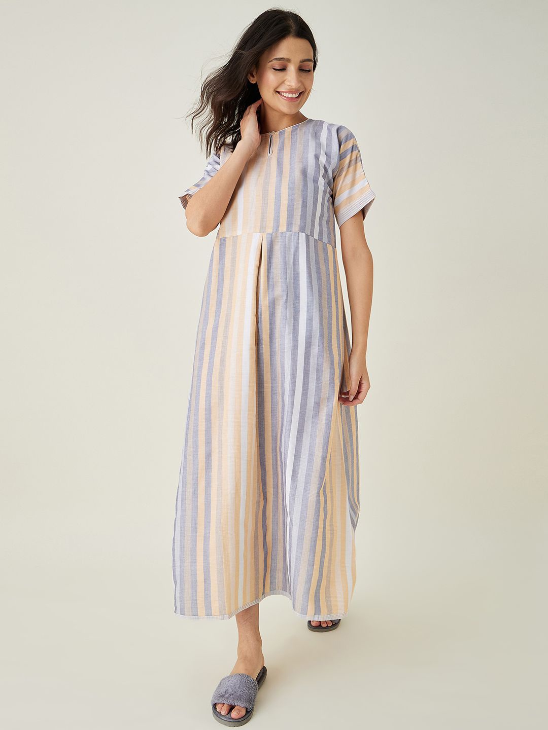 

The Kaftan Company Striped Maxi Nightdress, Beige