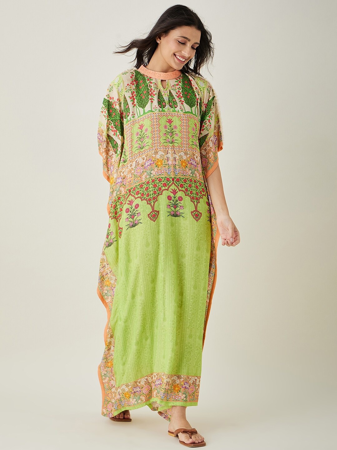 

The Kaftan Company Ethnic Motifs Printed Maxi Kaftan Nightdress, Green