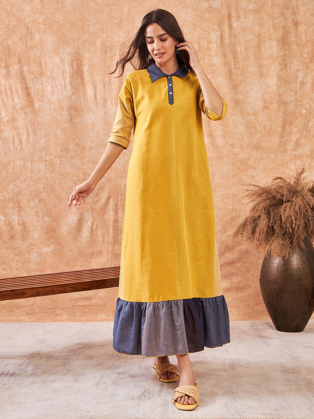 

The Kaftan Company Colourblocked Maxi Nightdress, Mustard