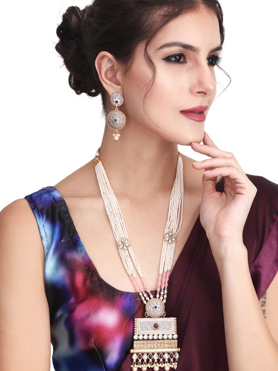 

Anvik Gold-Plated Kundan-Studded & Beaded Meenakari Jewellery Set
