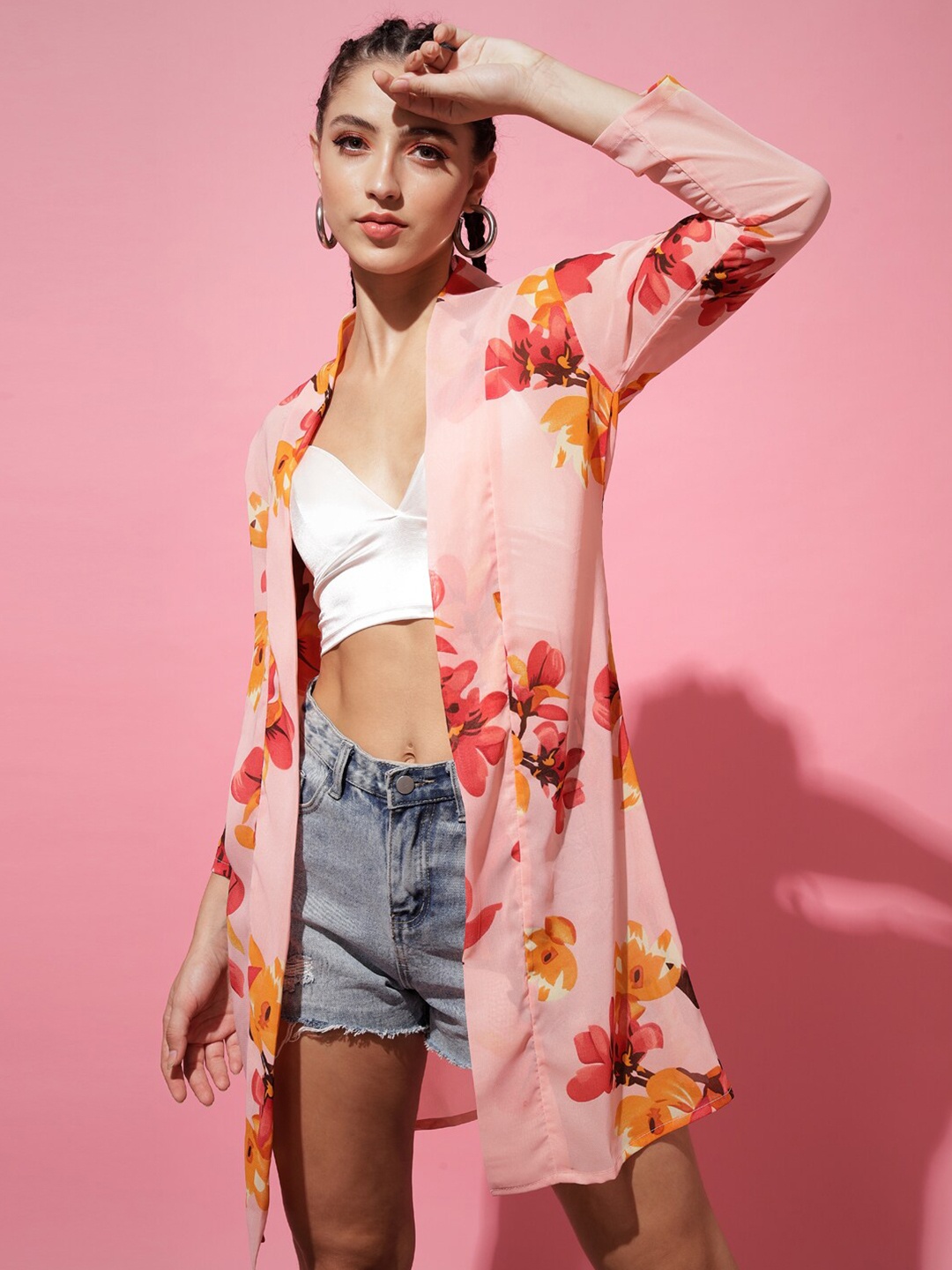 

TANDUL Women Printed Longline Shrug, Pink
