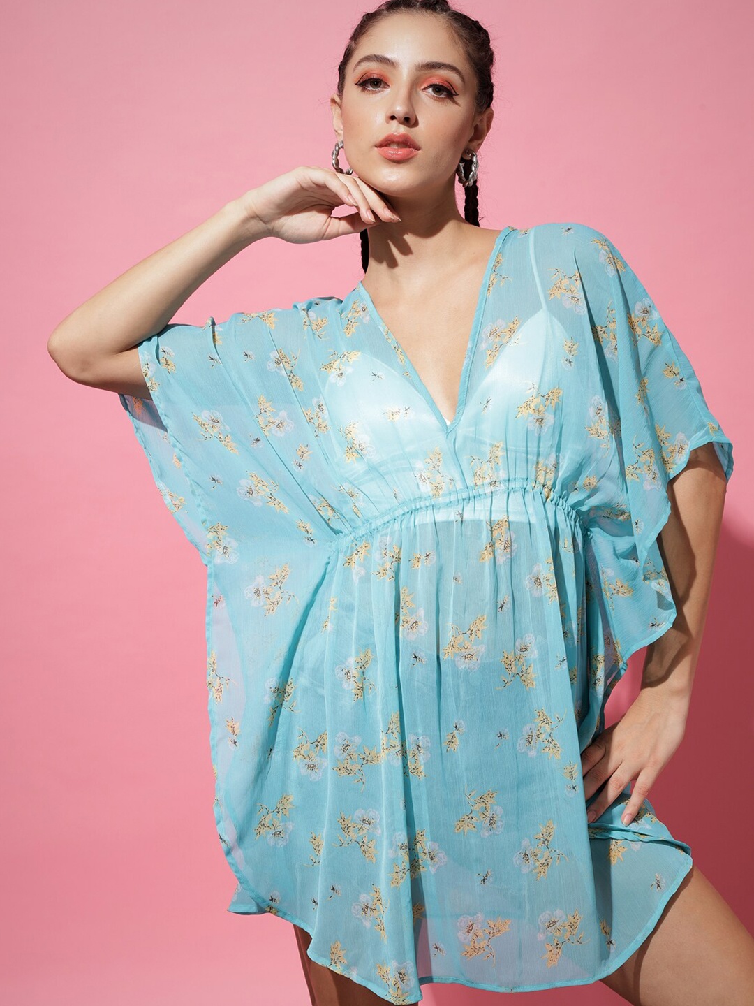 

TANDUL Women Floral Printed Kaftan Swimwear Cover Up Top, Blue