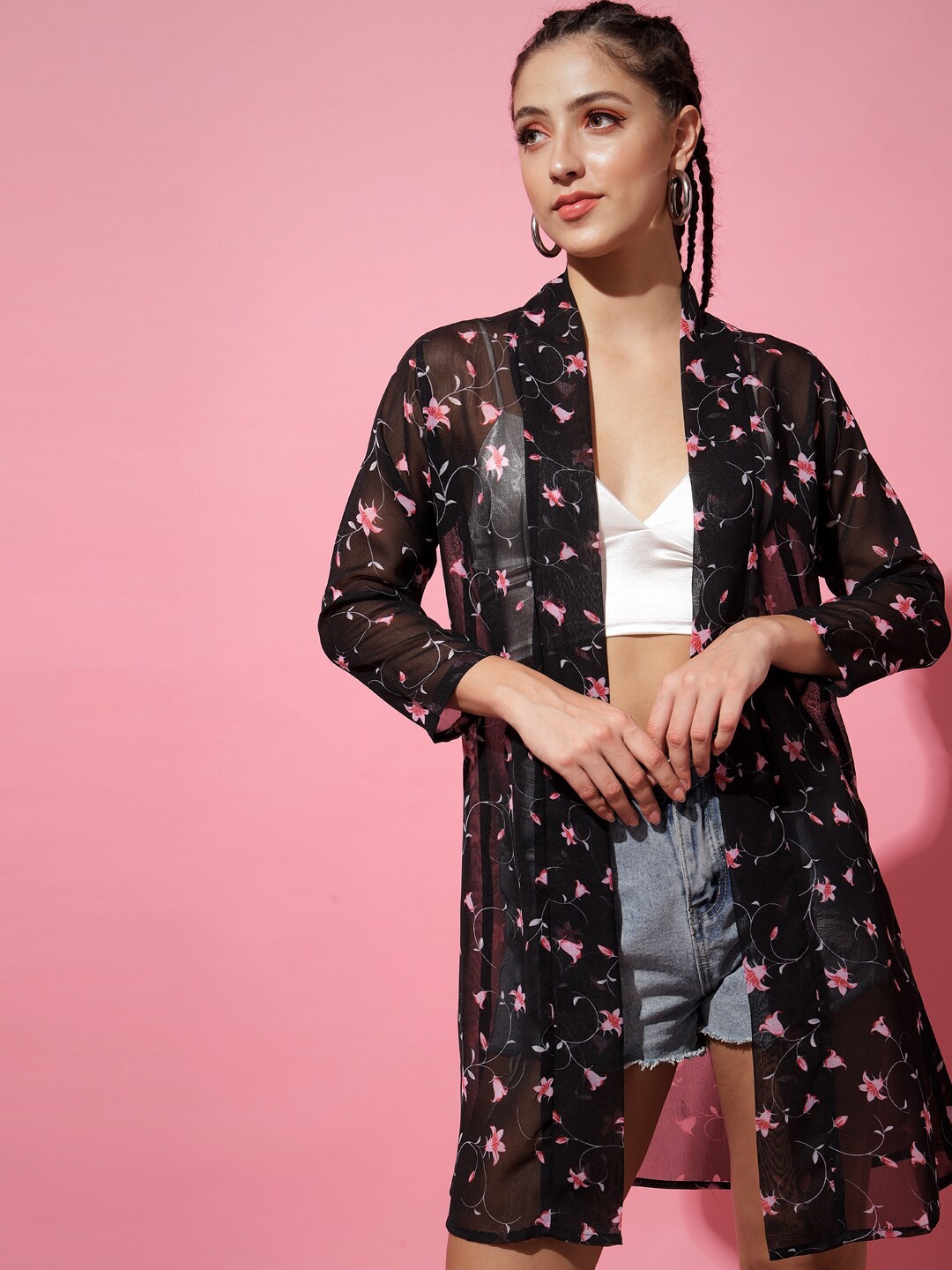 

TANDUL Women Floral Printed Longline Shrug, Black