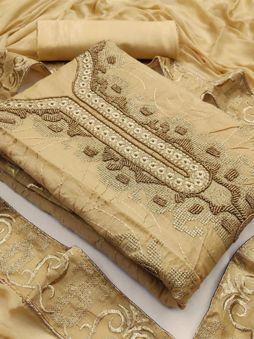 

Dori Embroidered Unstitched Dress Material, Beige