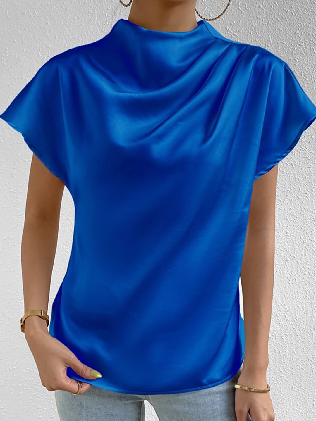 

StyleCast Solid Cap Sleeves High Neck Top, Blue