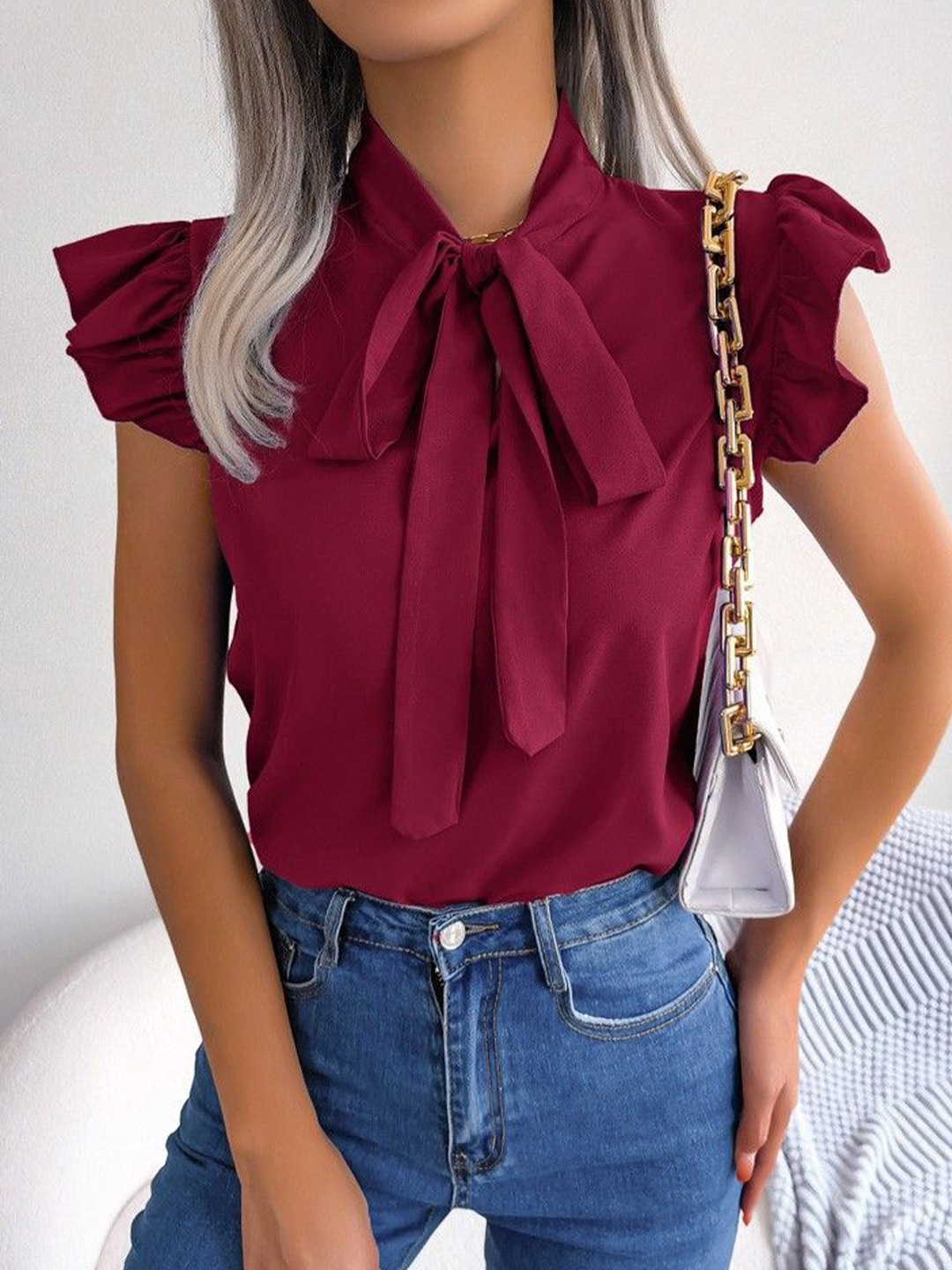 

StyleCast Solid Short Sleeves Tie-Up Neck Top, Maroon