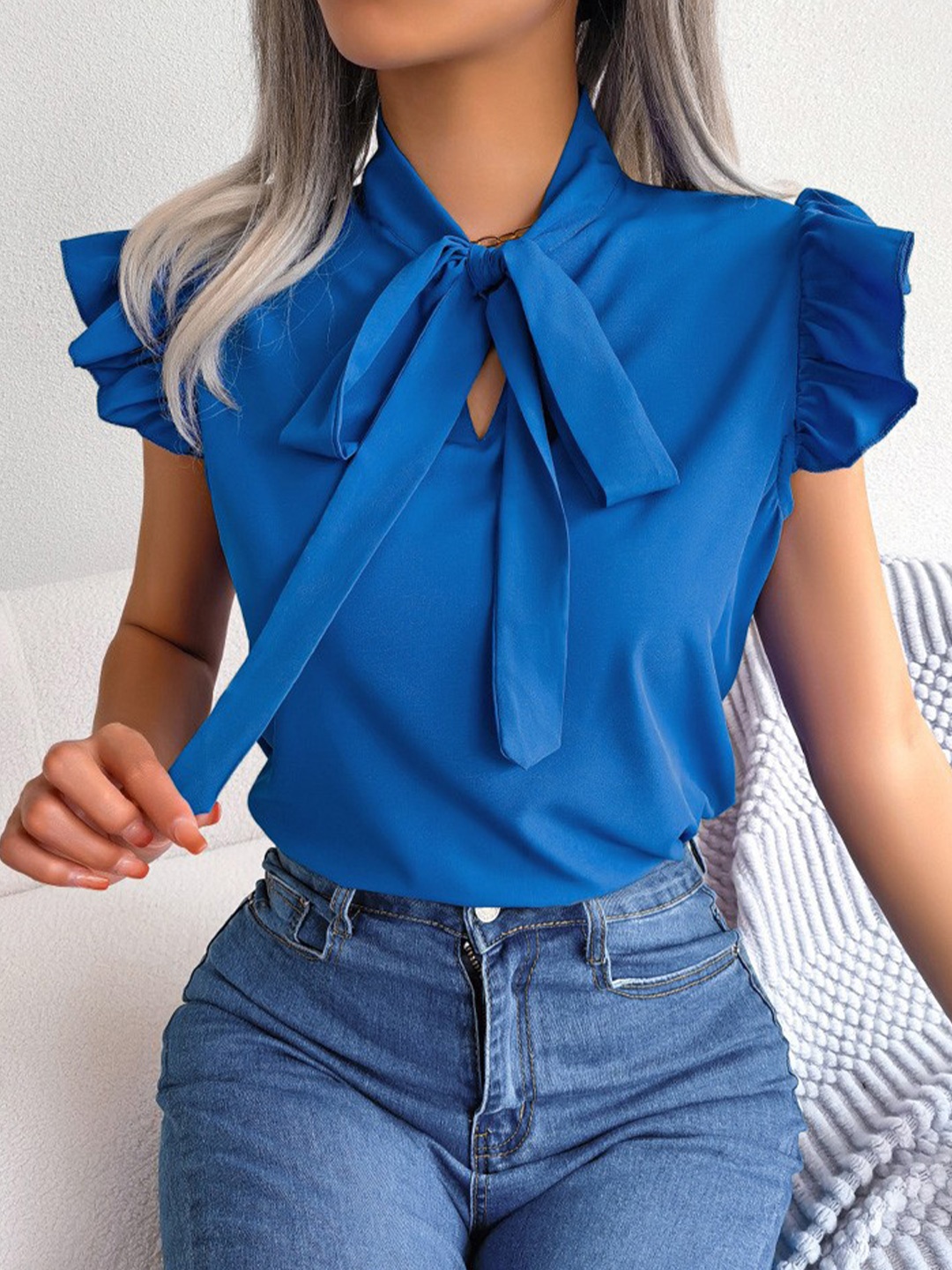

StyleCast Tie-Up Neck Flutter Sleeve Top, Blue