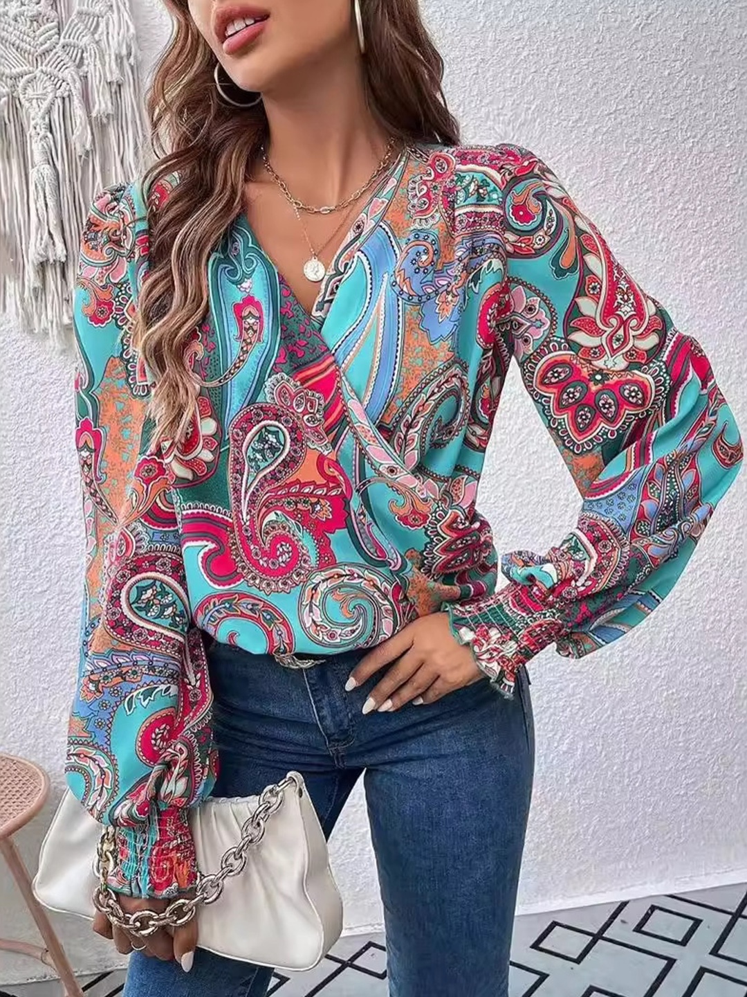

StyleCast Ethnic Printed V-Neck Puff Sleeves Wrap Top, Multi