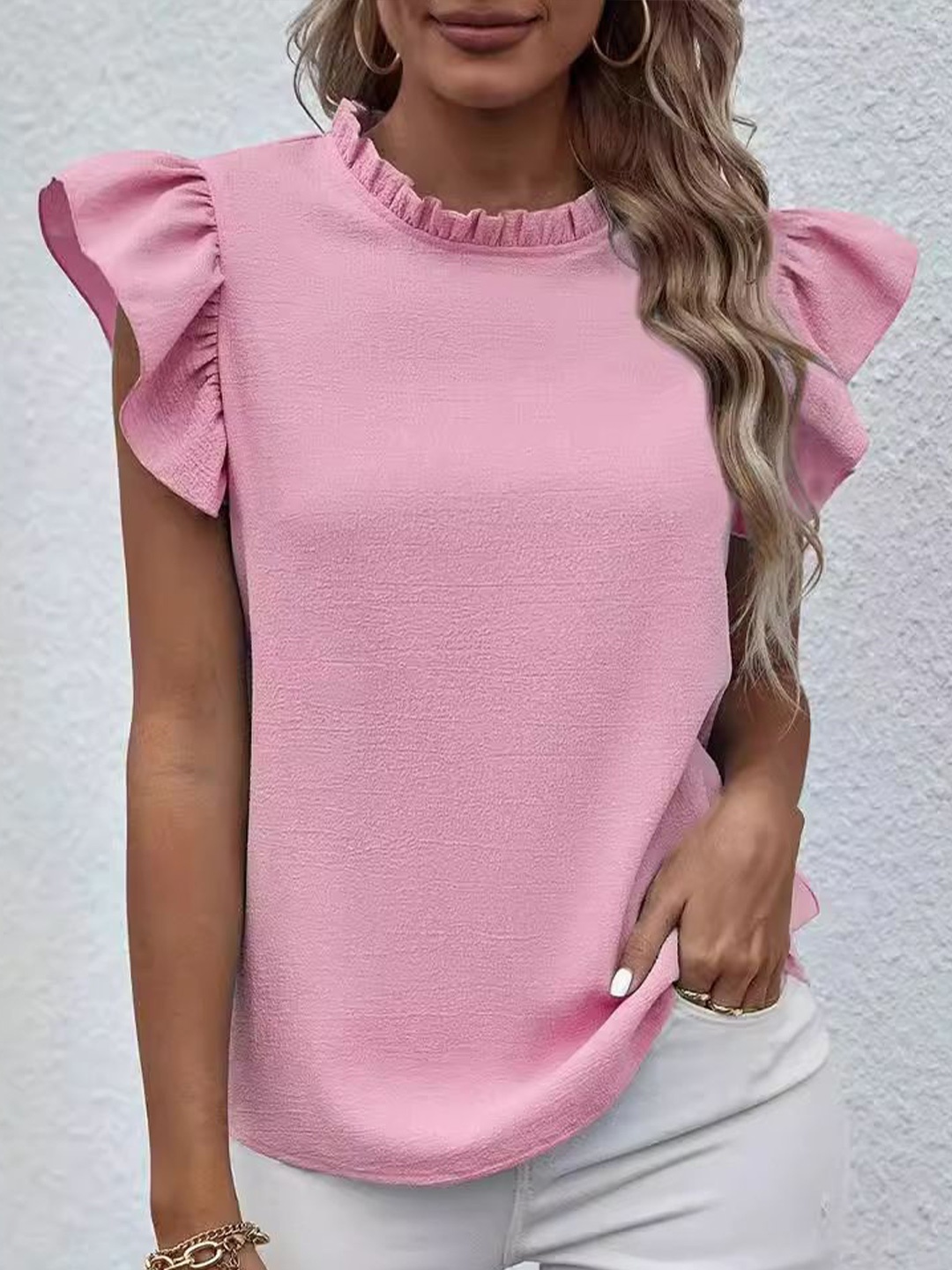 

StyleCast Solid Round Neck Flutter Sleeve Top, Pink