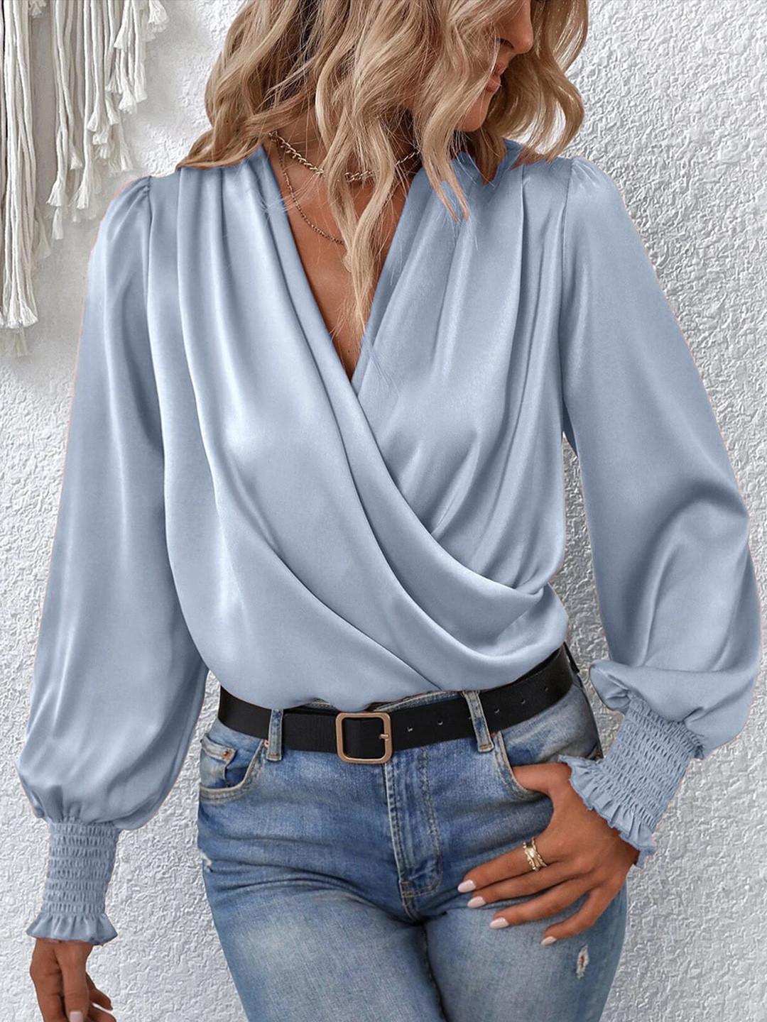

StyleCast Solid V-Neck Cuffed Sleeves Wrap Top, Blue