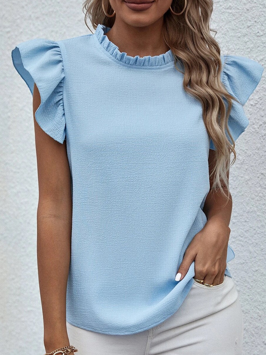

StyleCast Solid Round Neck Flutter Sleeve Top, Blue