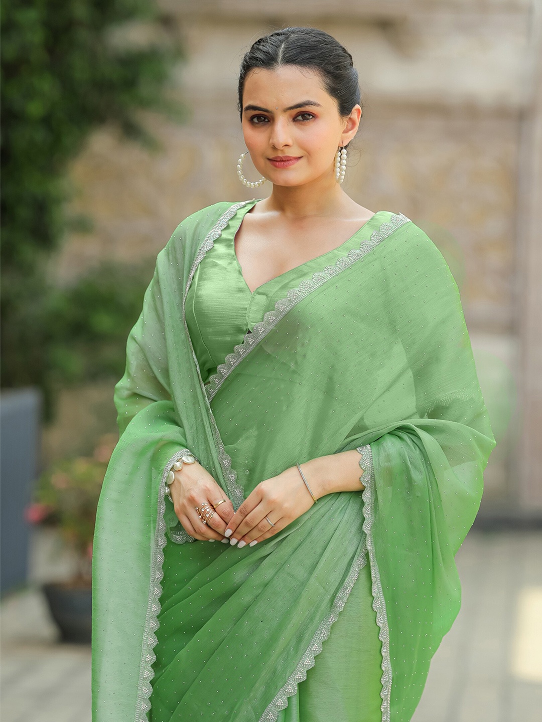 

Mitera Embellished Mukaish Embellished Organza Saree, Green