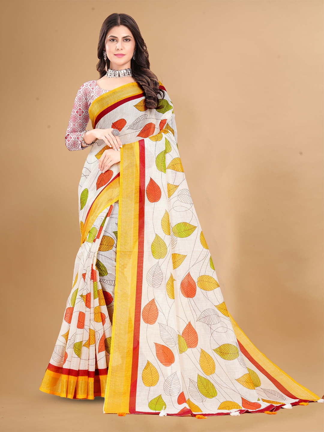 

DIVASTRI Floral Pure Linen Saree, Yellow