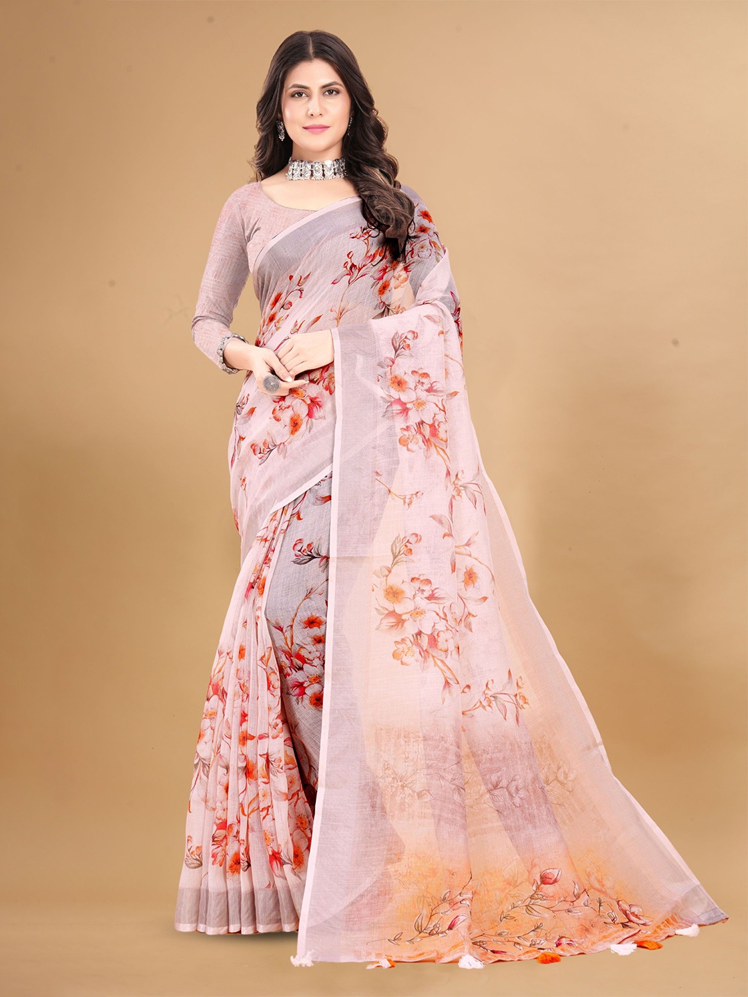 

DIVASTRI Floral Pure Linen Saree, Pink