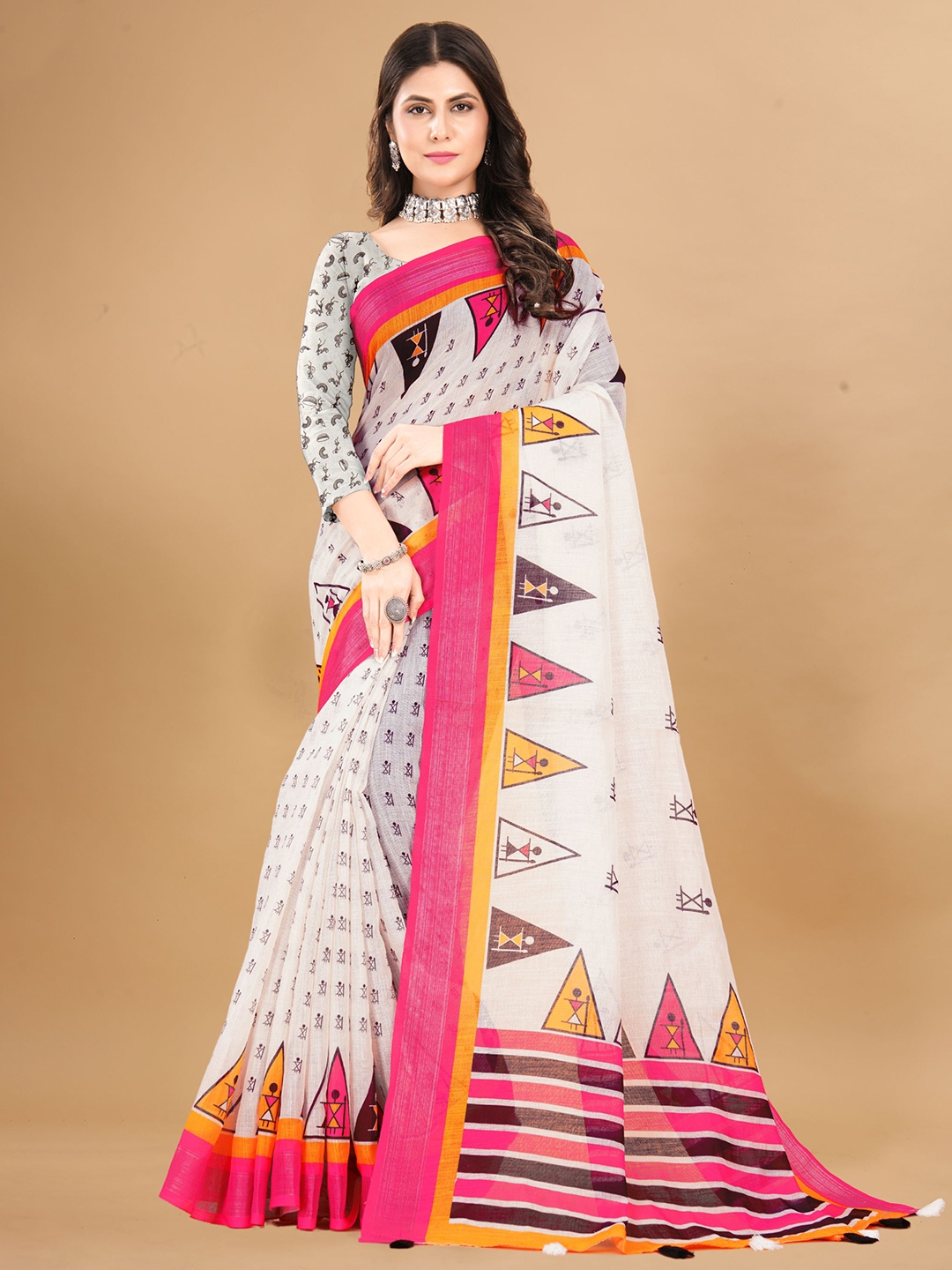 

DIVASTRI Ethnic Motifs Pure Linen Saree With Blouse Piece, White