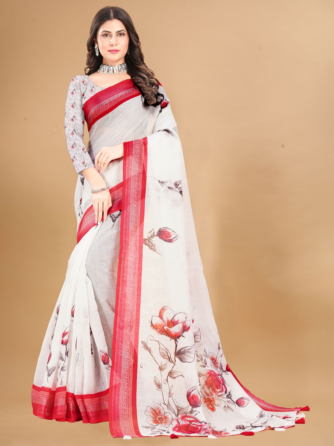 

DIVASTRI Floral Pure Linen Saree, White