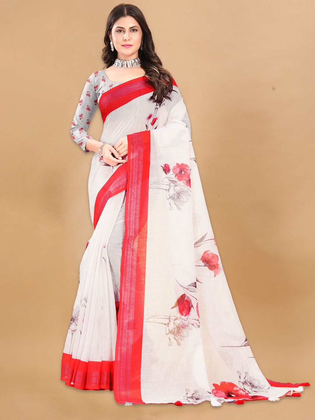 

DIVASTRI Floral Printed Pure Linen Saree, White