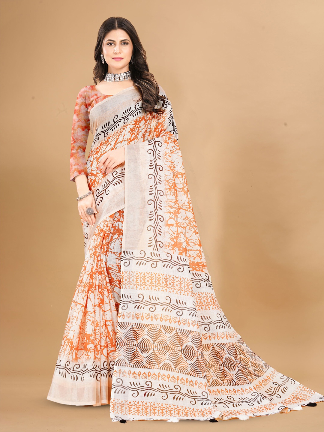 

DIVASTRI Zari Pure Linen Saree, Orange