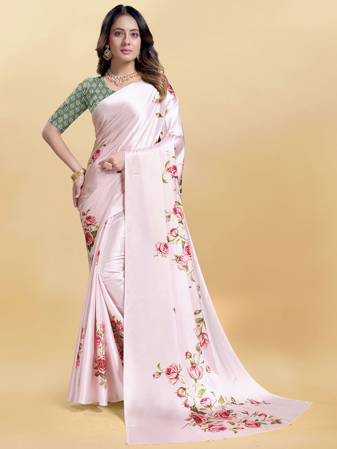 DIVASTRI Floral Satin Saree, Pink