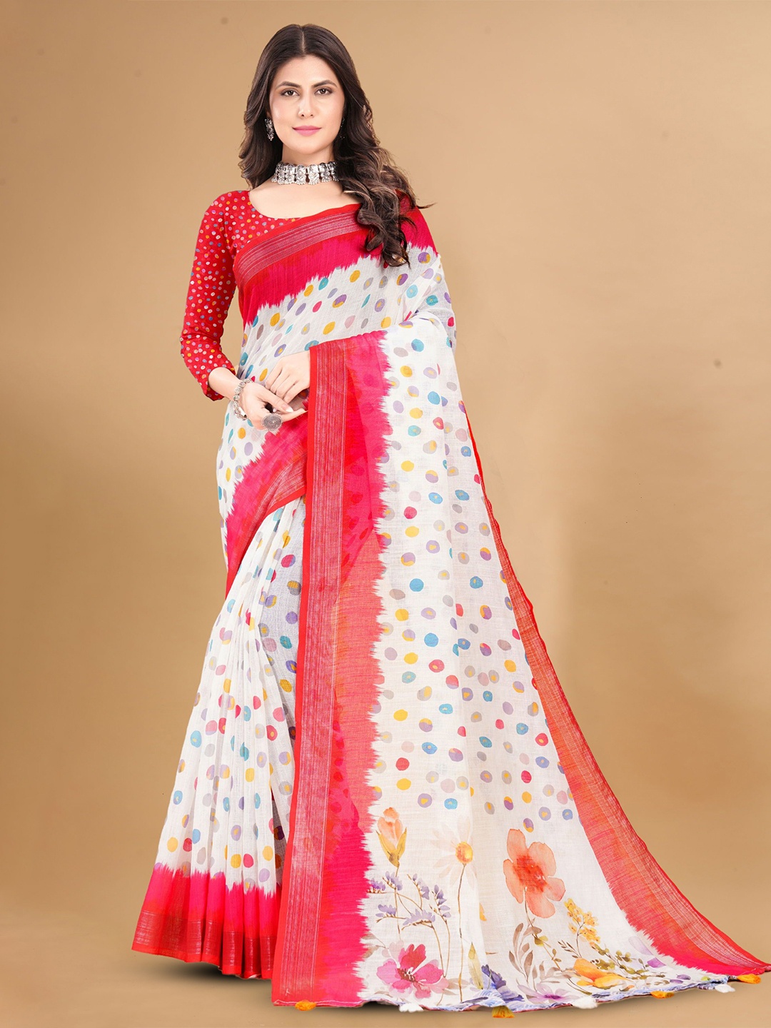 

DIVASTRI Polka Dot Zari Pure Linen Saree With Blouse Piece, White