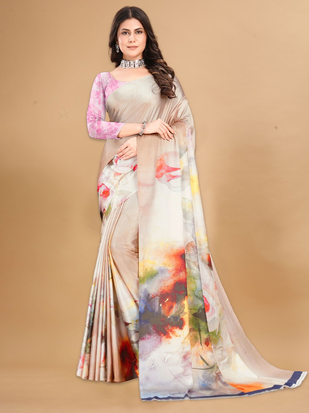 

DIVASTRI Abstract Printed Satin Saree With Blouse Piece, Cream