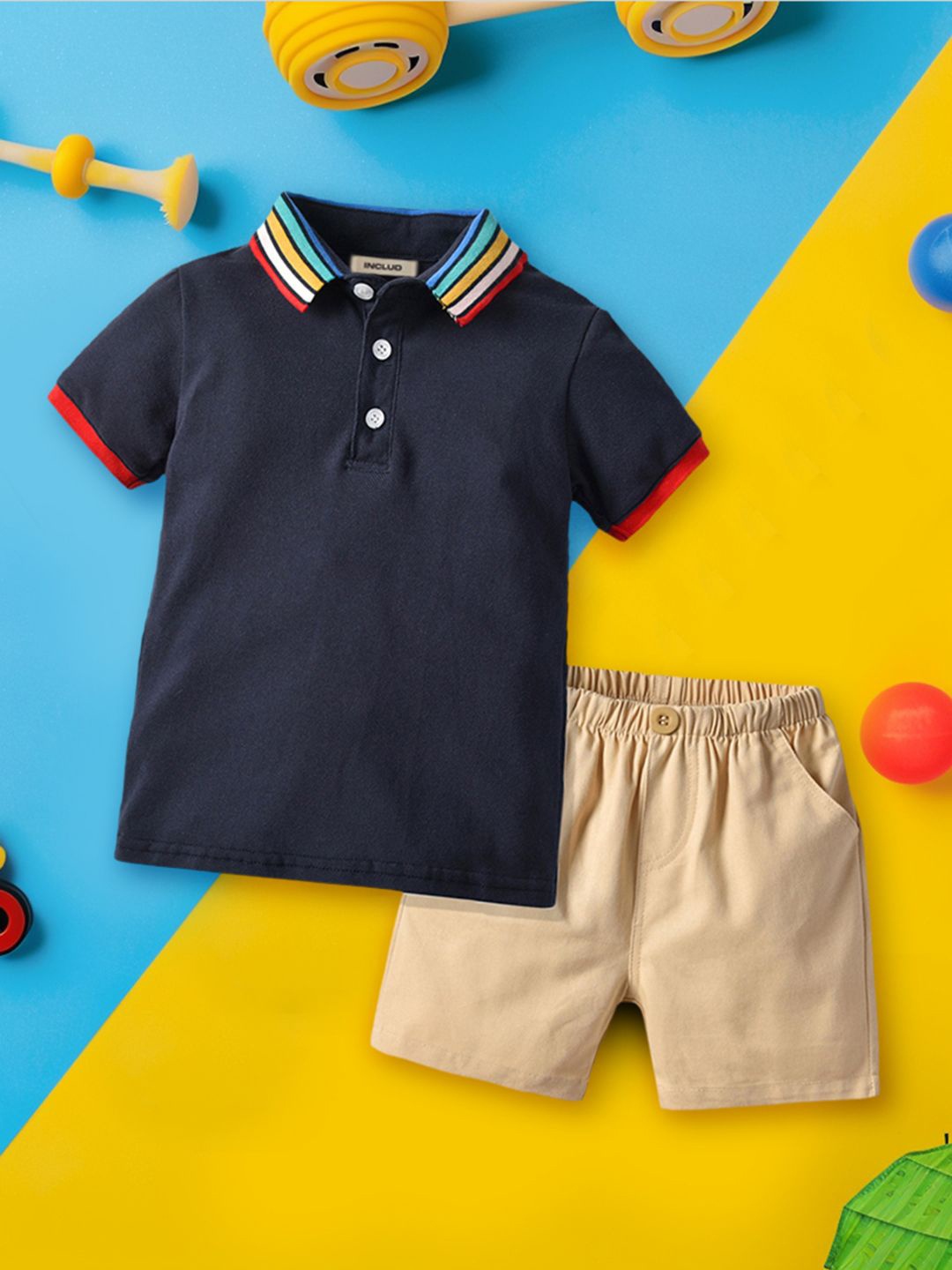 

INCLUD Boys Solid Polo Collar T-shirt With Short, Navy blue