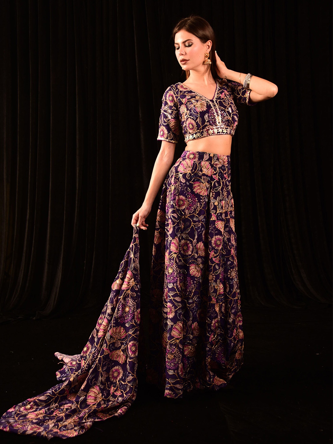 

Laalzari Women Embellished Ready to Wear Lehenga & Blouse With Dupatta, Purple