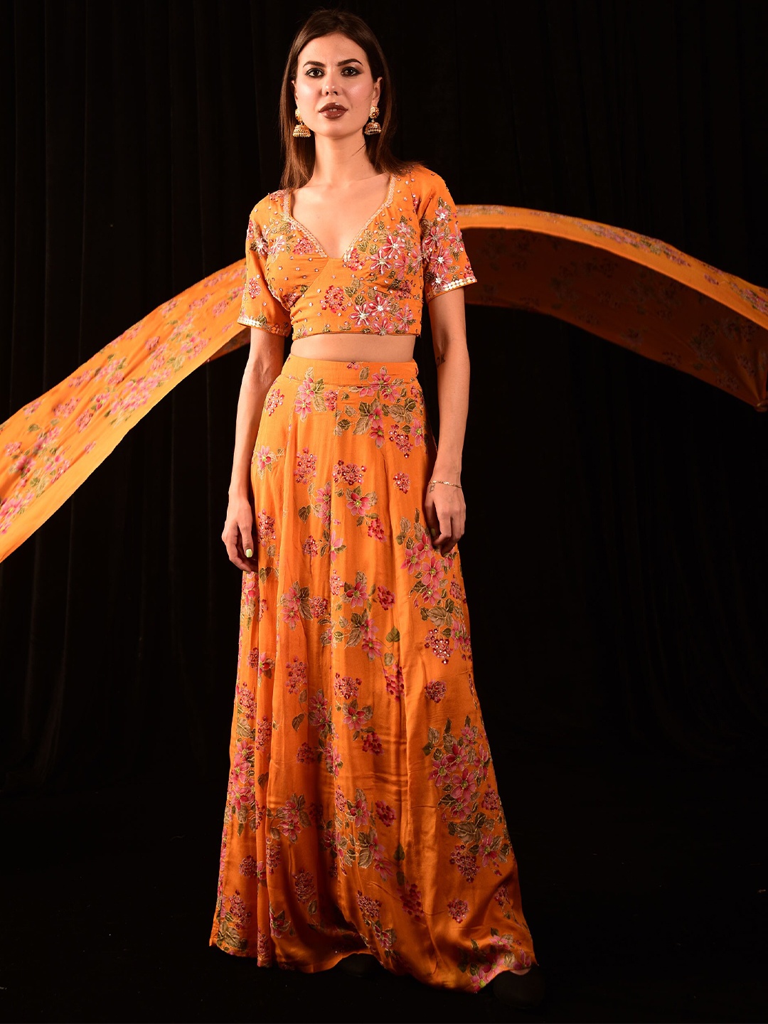 

Laalzari Women Embroidered Beads and Stones Ready to Wear Lehenga & Blouse With Dupatta, Mustard