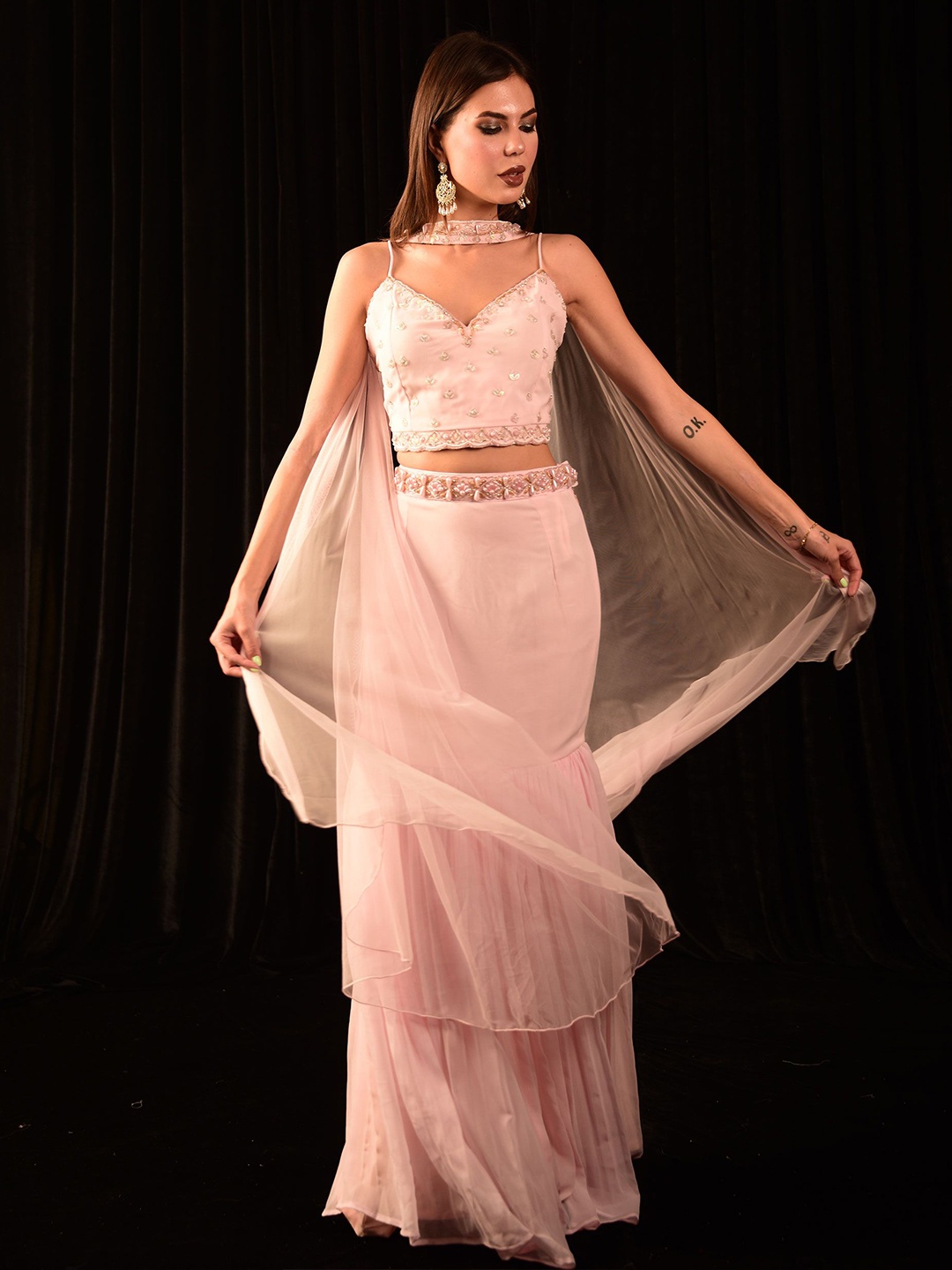 

Laalzari Women Embroidered Beads and Stones Ready to Wear Lehenga & Blouse With Dupatta, Peach