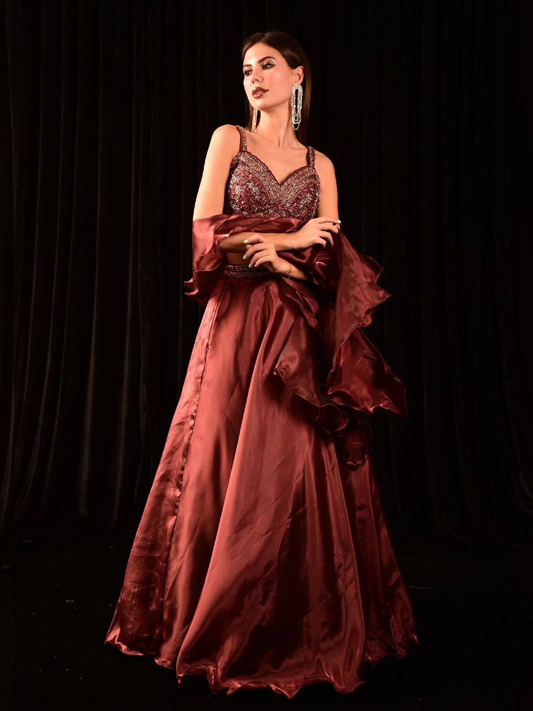 

Laalzari Embroidered Thread Work Ready to Wear Lehenga & Blouse With Dupatta, Maroon