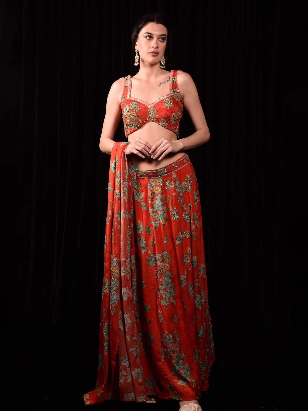 

Laalzari Embroidered Sequinned Ready to Wear Lehenga & Blouse With Dupatta, Red