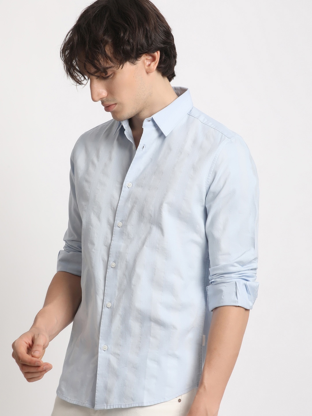 

THE BEAR HOUSE Slim Fit Textured Cotton Casual Shirt, Blue