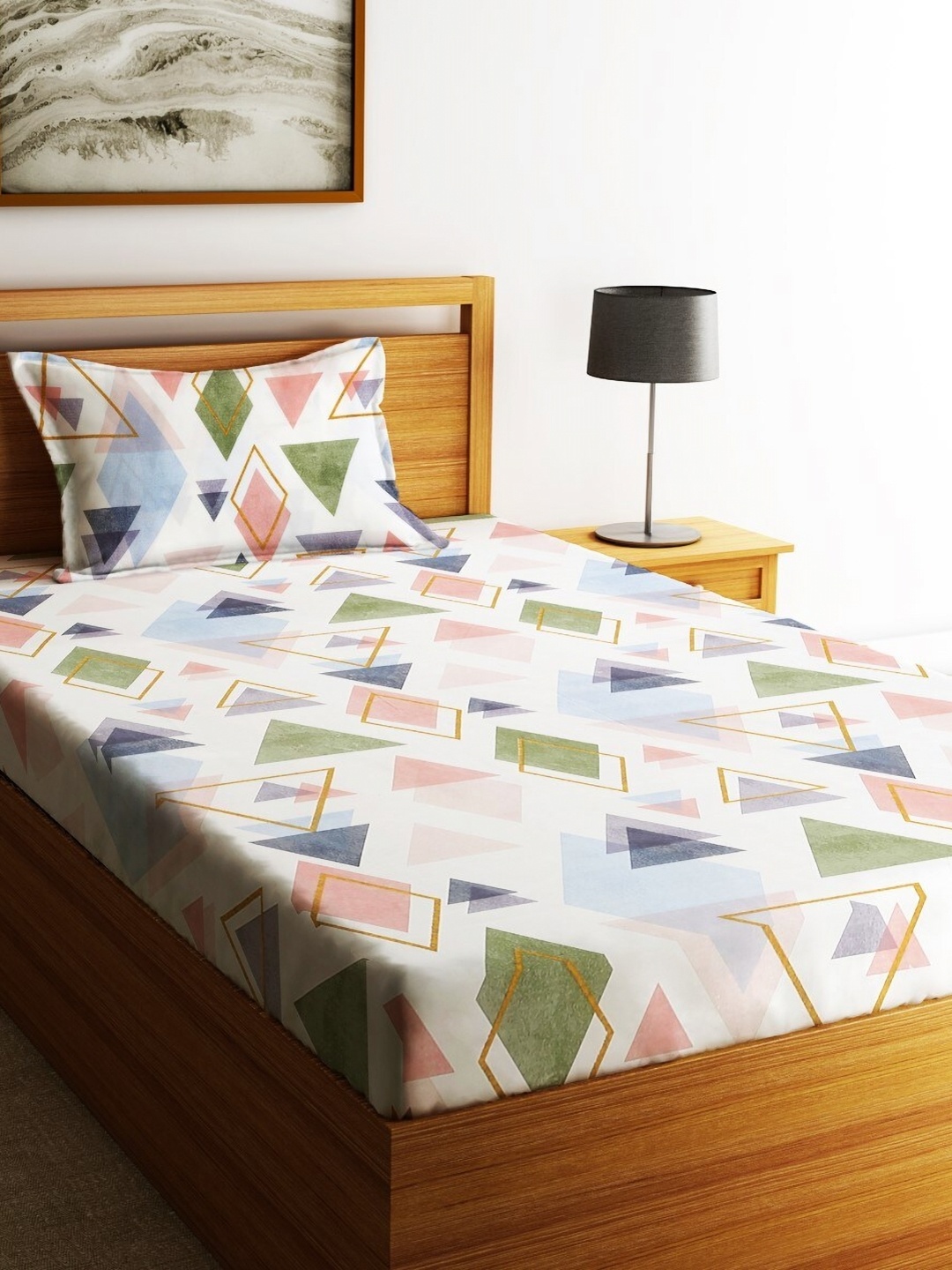 

Home Sizzler White & Green Geometric 144 TC Single Bedsheet With 1 Pillow Cover