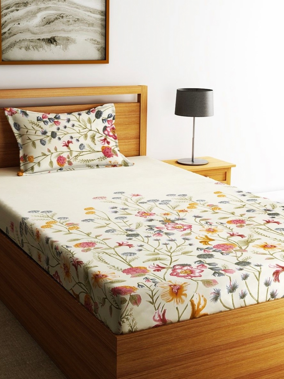 

Home Sizzler Cream & Pink Floral 144 TC Single Bedsheet with 1 Pillow Cover