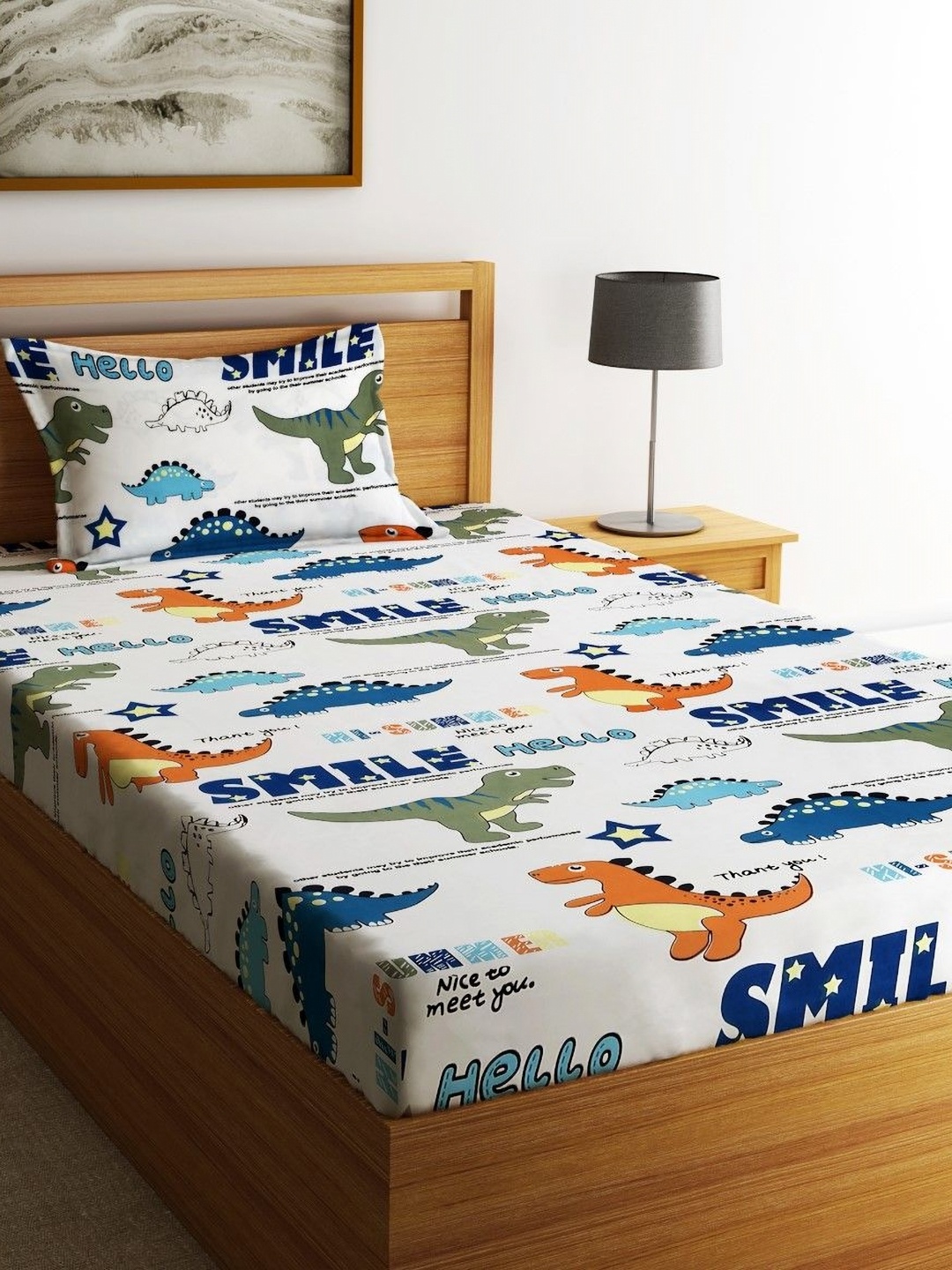 

Home Sizzler White & Blue Cartoon Characters 144TC Single 1 Bedsheet With 1 Pillow Cover