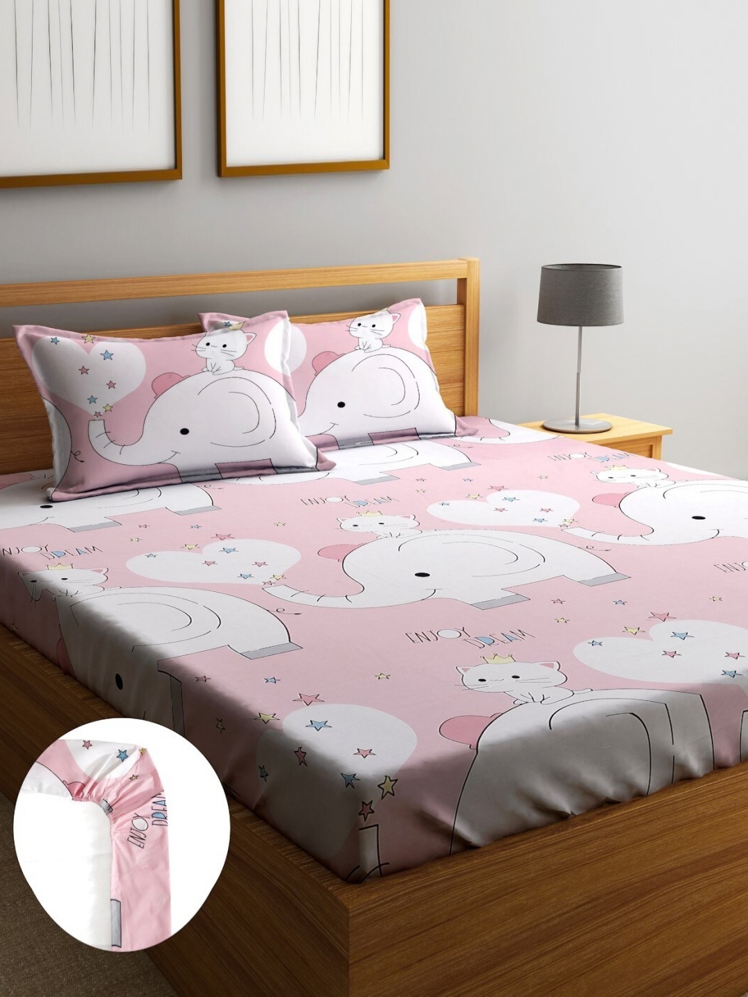 

Home Sizzler Pink&White Cartoon Characters Fitted 210TC King 1 Bedsheet with2Pillow Covers