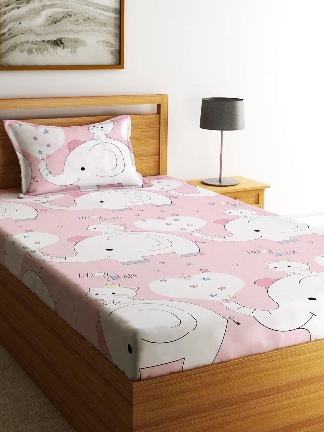 

Home Sizzler Pink & White Cartoon Characters 210 TC Single Bedsheet with 1 Pillow Covers