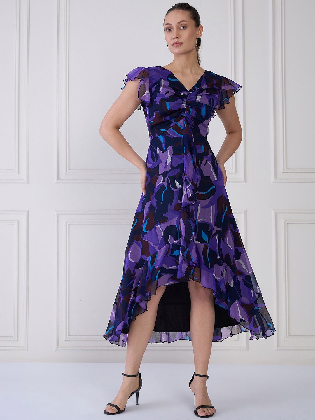 

Antheaa Women Floral Print Flutter Sleeve Fit & Flare Midi Dress, Purple