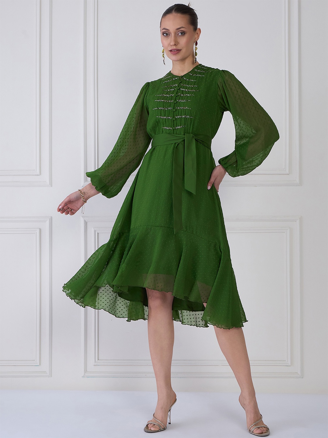 

Antheaa Puff Sleeve Chiffon A-Line Midi Dress, Green