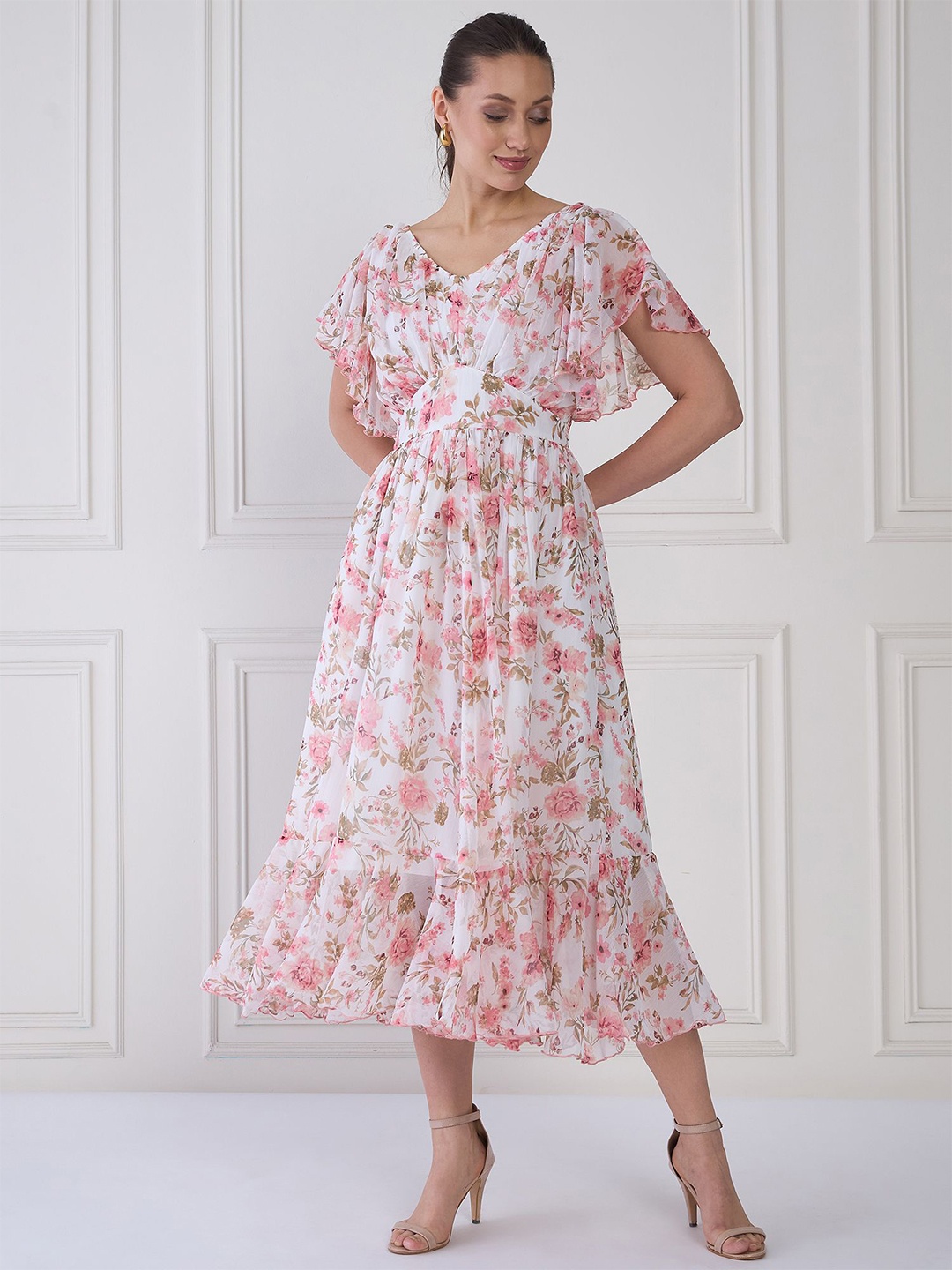 

Antheaa Women Floral Print Flared Sleeve Layered Fit & Flare Midi Dress, White