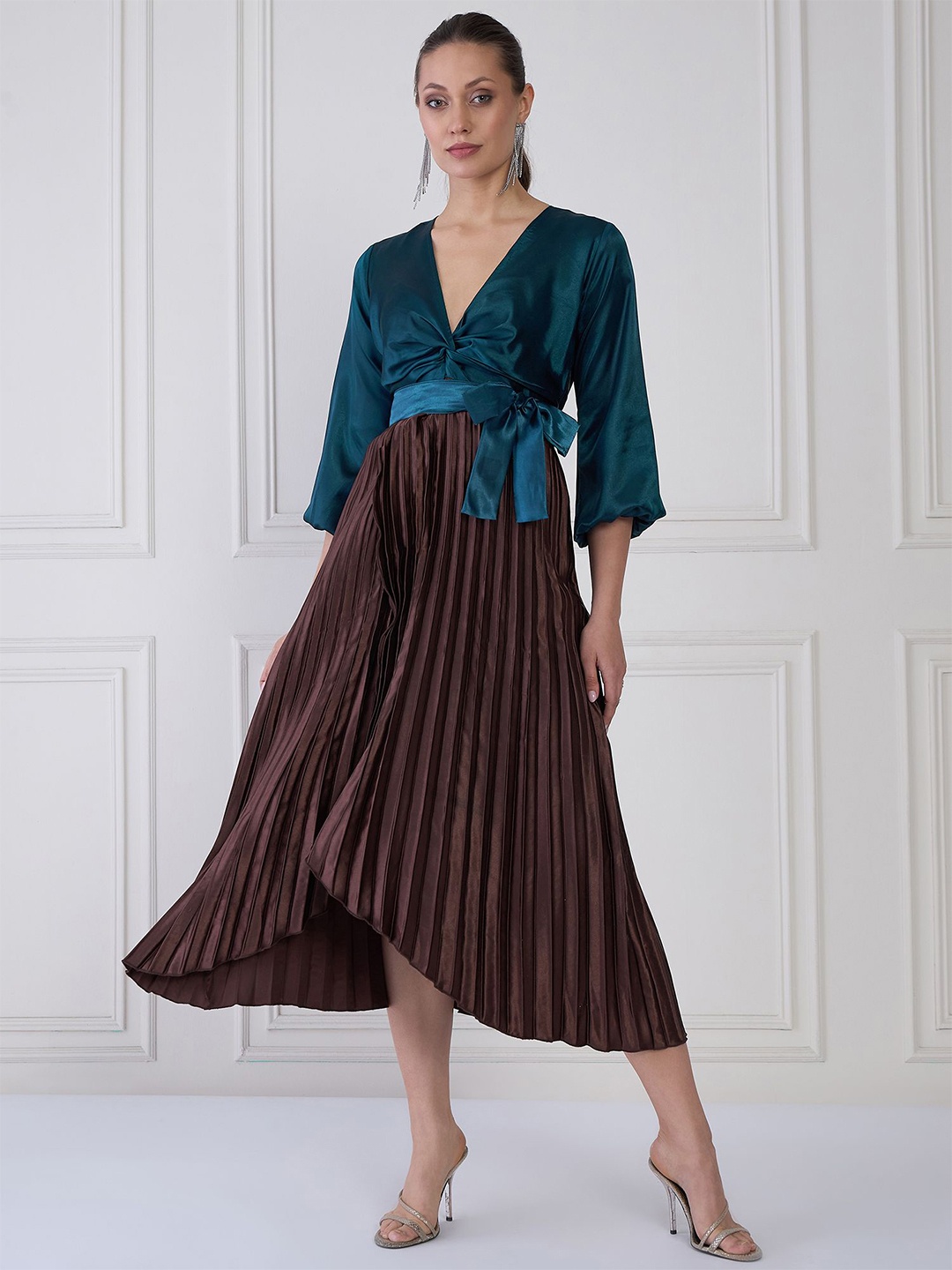 

Antheaa Women Striped Satin Midi Dress, Teal