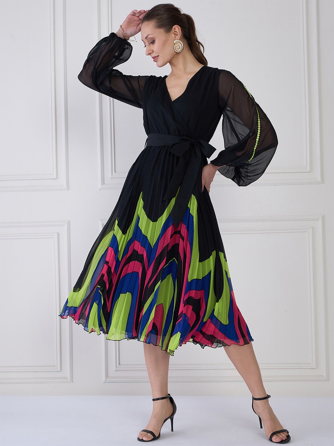 

Antheaa Women Puff Sleeve Midi Wrap Dress, Black