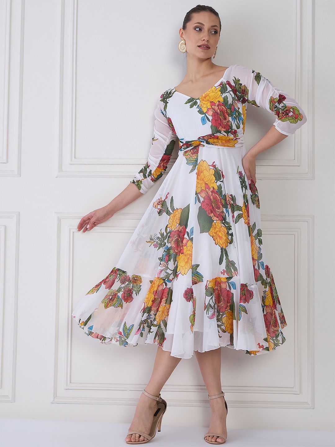 

Antheaa White & Green Floral Printed V-Neck Chiffon Fit & Flare Midi Dress